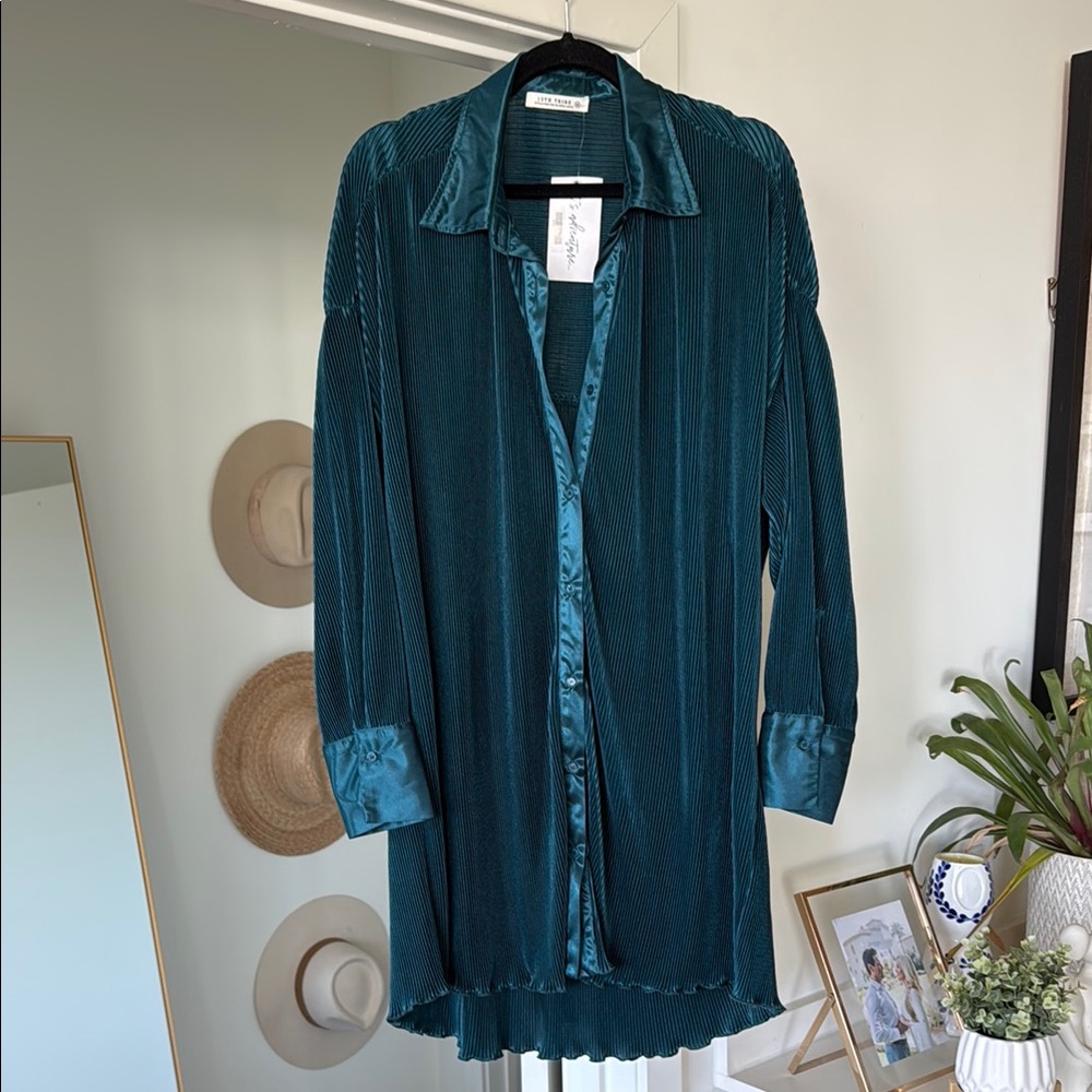 NWT 12 Tribe Teal Pleated Long Sleeve Shirt Dress